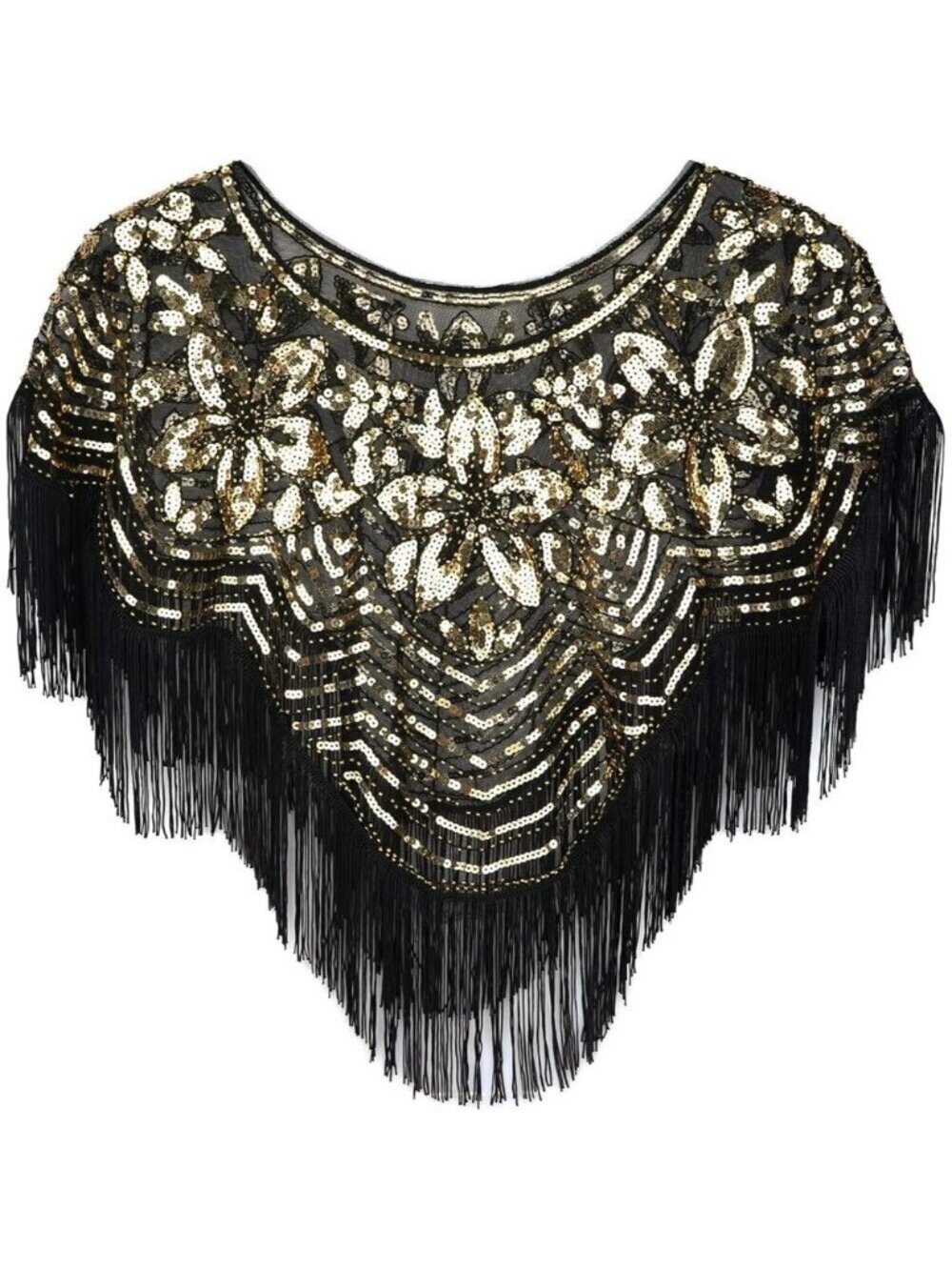 Women's Black Gold 1920s Shawl Sequin Beaded Art Evening Cape Tassel Shawls
